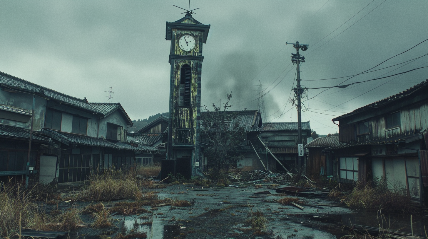 放棄された町の時計塔