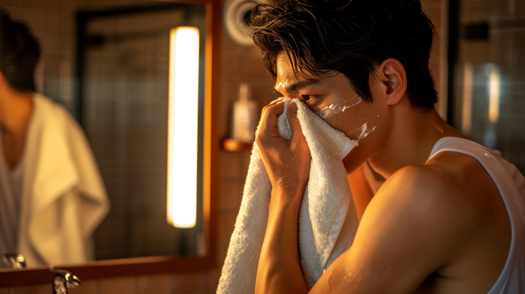 鏡の前で顔を洗う男性