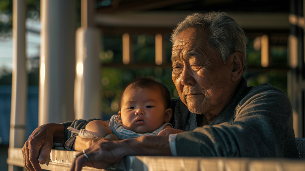 縁側で日向ぼっこをする60代の日本人のおじいちゃんと赤ちゃん。