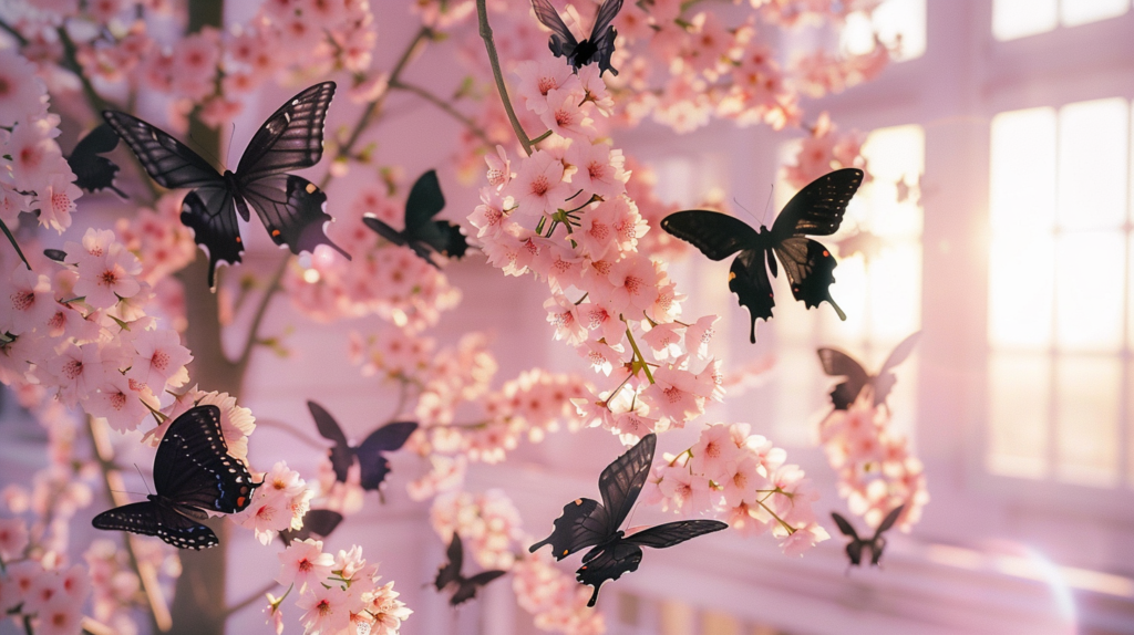 黒い蝶と桜の花びら