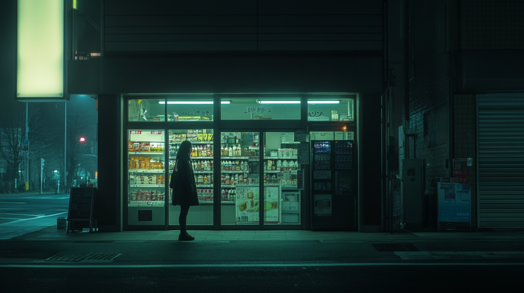 真夜中のコンビニに到着する紗季